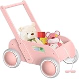 Lauflernwagen Holz, Baby Lauflernhilfe für Junge und Mädchen, Toddler Push & Pull Lauflernspielzeug, Kinderwagen aus Holz, Baby Walker mit Rädern, Geschenk für Geburtstag Weihnachten, Rosa