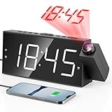 Projektionswecker für Schlafzimmer, Digitalwecker mit großer 7' LED-Anzeige, Dimmer, 180° Projektor, USB-Ladegerät, 12/24 H, DST, Snooze, Batterie Backup, Schreibtisch Wand Deckenuhr für ältere Kinder