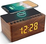 ANJANK Digitaler Radiowecker aus Holz mit Kabelloser Ladestation，10W Fast Wireless Charger for iPhone/Samsung Galaxy，LED Display mit 5-stufiger Dimmer,USB Ladeanschluss,Uhrenradio ohne Ticken, Braun