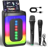 Vexloria Karaoke Maschine mit 2 Mikrofone, Tragbare Karaoke Maschine, Bluetooth-Lautsprecher für Erwachsene/Kinder mit Led Lichteffekte, Unterstützt TF, USB, AUX, TWS, Schwarz