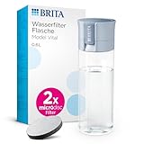 BRITA Wasserfilter Flasche Model Vital hellblau (600ml) inkl 2 MicroDisc Filter – Praktische Trinkflasche mit Wasserfilter für unterwegs, filtert Chlor & Bakterien beim Trinken-spülmaschinengeeignet