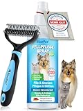 BluePet Bürste + Entfilzungsspray für Hunde & Katzen I Löst Verfilzungen & Verbessert Kämmbarkeit, Anti Filz Spray als Fellspray für Fellpflege, Glätten & Pflegen mit Aloe Vera, Shea-Butter & Jojobaöl