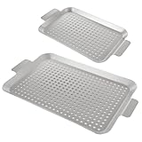 STARVAST Grillpfanne 2er Set, Edelstahl Grill Topper für Outdoor Grill, Kleine & Mittlere BBQ Grillschale mit Griff und Löchern, Grillkörbe für Fleisch, Meeresfrüchte & Gemüse