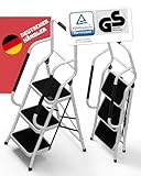 Sicherheitsleiter 3 Stufen Klappbar I TÜV Rheinland Zertifiziert I Belastbar bis 150kg I Anti-Rutsch-Füße und Trittstufen I Trittleiter mit Handlauf I Sicherheitsleiter für Senioren I Weiß