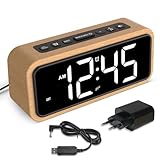 Wecker Laut für Tiefschläfer, Wecker Holz mit LED Anzeige, 12 Alarm-Klingeltöne, 5 Helligkeit Einstellbar, 5 Lautstärken, Manuelles DST, Braun Wecker Retro für Schlafzimmer (Buche-Weiß)