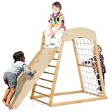 COSTWAY Klettergerüst Indoor, 6 in 1 Pull Up Bar & Rutsche & Kletterfelsen & Kletternetz & Leiter & Tunnel, Indoor Spielplatz ab 1 Jahr (Natur)