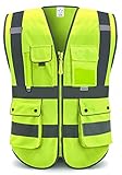 XIAKE RV120528 Reflektierende Sicherheitsweste mit hoher Sichtbarkeit mit 8 Taschen (Fluoreszierendes Gelb, L)