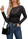 Homlan Damen Mesh Oberteil Spitze Langarm Sexy Netzoberteil Transparent Bluse Durchsichtiges Blumenmuster Top (8232Medium, Schwarz)