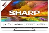 SHARP 75EQ3EA Android TV 189 cm (75 Zoll) 4K Ultra HD Android TV (Smart TV ohne Rahmen, Dolby Atmos, Quantum Dot, Harman Kardon) [Modelljahr 2022] [Energieklasse G]