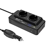 200W Auto Spannungswandler Wechselrichter DC 12V to AC 230V mit 2 Steckdosen und 4 USB Ports Schnelles Aufladen KFZ Ladegerät mit Zigarettenanzünderstecker für Geschaeftsfahrten und Urlaub