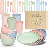 KAHEIGN Kunststoff-Geschirr-Sets, 4 Sets Unzerbrechliche leichte Teller, Tassen, Schalen und Besteck, Umweltfreundlich Wiederverwendbar, mikrowellen- und spülmaschinenfest für Picknicks