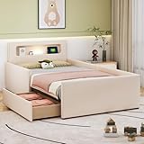 Polsterbett Kinderbett, Mit Nachtlicht und USB-Ladeanschluss, Mit Ablagefächern, Erhöhte Seitenteile zur Sicherheit, Einfaches Einzelbett, Jungen- und Mädchenbett, Kunstlederstoff 90*200 cm (Beige)