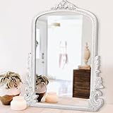 Lzuso Antiker Spiegel für Wand Traditionelle Verzierte Bogen Barock Spiegel Vintage Holz Hängende Arendahl Spiegel Dekorativ für Schlafzimmer Wohnzimmer Eingang Bad Kamin Dekor 50x40cm Weiß