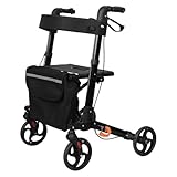 feneihe Rollator faltbar und leicht mit Sitz & Rückenlehne – Stabiler Walker Gehhilfe für Senioren (bis 158kg) 8 Zoll Räder Outdoor schmal Wohnung, Inkl. Becherhalter Einkaufstrolley Schwarz