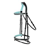 Exion Bling Trensenzaum auf Stirnband und Trense, Nasenriemen mit babyblauem weich gepolstertem Leder, springende Blitz Trensenzaum & Gummizügel | Bling English Trense für Pferde