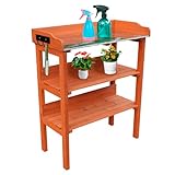 Pflanztisch aus Holz mit 3 Ablagen, Gartentisch mit Metallablage und Werkzeughaken, Orange