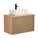 UEV Waschtisch mit Unterschrank, Waschbeckenunterschrank hängend 81cm Badmöbel Set, Waschplatz Keramik Waschbecken, ausreichend Stauraum Platzsparender Badezimmmer Möbel für Gäste WC Natur