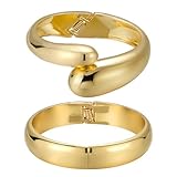 Emibele Gold Manschette Armband Stack, 18K vergoldet Offener Armreif Armband, Teardrop Scharnier Handgelenk Chunky Armband Set für Frauen, Nicht Anlaufen Schmuck Geschenk, 2 Pack