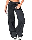 Nuofengkudu Cargohose Damen Weite Hosen Stretch High Waist Cargo Taschen Palazzo Hose Bootcut Schlaghose Damenhosen mit Gummizug Y2K Teenager Mädchen Frauen Arbeitshosen Stoffhose Outdoor Schwarz XL