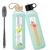 HYDRAGLAZIC 1Liter Trinkflasche aus Glas mit 2 Deckeln – Strohhalmdeckel, Bambusdeckel, Glasflasche mit Silikonhülle, Zeitmarkierung, Wasserflasche Glas für Kaltgetränke,Hellblau