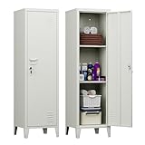SUPEER Metallspind mit 2 höhenverstellbaren Ablagen,Abschließbarer Einzelschrank 135x38x38cm, Schließfachschrank aus Metall für Garderobe, Schule, Büro,Familie(hellgrau)
