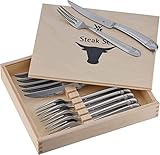 WMF Steakbesteck 12-teilig, Steakbesteck Set für 6 Personen, Steakmesser Set mit Bullenkopf, Steakgabel, Cromargan Edelstahl poliert, Grillbesteck in Holzkiste