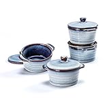 Mini Cocotte Porzellan, Keramik Auflaufform mit Deckel Ofenfest 4 Stück - 230 ml, Creme Brulee Schälchen Suppentassen mit Griffen für Soufflé, Muffins, Cupcakes - Blau