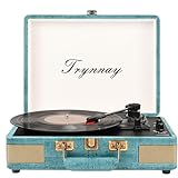 Trynnay Plattenspieler Schallplattenspieler 3-Gang-Bluetooth, tragbarer Koffer-Vinyl-Player mit integrierten Lautsprechern, Plattenspieler, verbesserter Audio-Sound, Gewachstes Leder Retro Blau