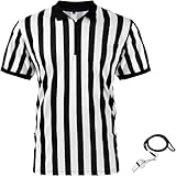 Syhood Herren Offiziell Schiedsrichter Trikot, Schwarz Weiß Streifen Hemd mit Umgedrehtem Kragen, Gelb Elfmeter Flagge und Edelstahl Pfeife mit Lanyard für Basketball Fußball (S)