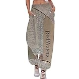 Haremshosen Damen Sommer Damen Old Newspaper Vintage Print Border Freizeithose Sport Lässige Damen Harlan Hose Jogginghose wear Hose Damen Haremshose für Freizeitaktivitäten im Freien (Khaki, XXXXL)