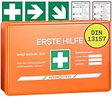Erste Hilfe Kasten DIN 13157:2021 Small - Inkl. praktischer Wandhalterung, 5x Aufkleber, Gesichtsmasken & Feuchttücher - Verbandskasten DIN 13157 für Betriebe, Einrichtungen & Zuhause