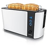 Arendo - Edelstahl Toaster Langschlitz 4 Scheiben - Defrost Funktion - wärmeisolierendes Gehäuse - mit integrierten Brötchenaufsatz - 1500W - Krümelschublade - Display mit Restzeitanzeige - weiß matt