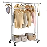 SONGMICS Schwerlast Kleiderständer aus Metall, bis 110 kg belastbar, Garderobenständer auf Rädern, Länge 129-169 cm, Verchromt HSR12S