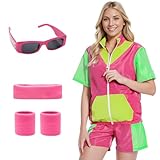 Blisscok Damen Trainingsanzug im 80er-Jahre-Stil, Farbblock-Design, kurzärmelig, Reißverschluss vorne, elastische Taille, Trainingsanzug-Set (Grün-Rosa, Größe S)