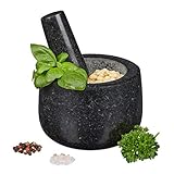 Relaxdays Granit Mörser mit Stößel, robust & langlebig, Gewürze, Kräuter, polierter Steinmörser, Ø 12 cm, 300ml, schwarz