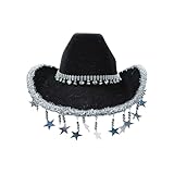 Roter Glitzer-Cowboyhut mit Sternenfransen Perlen, funkelnder, glänzender Western-Partyhut für Feiertage festliche Anlässe (Black, One Size)