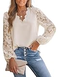 CUPSHE Damen Blusen V-Ausschnitt Wellenkante Floral Spitzenärmel Langarmshirt Lässige Spitzen Oberteile Tunika Bluse Tops Aprikose XL