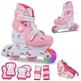 JAMBACH Kinder Inliner Set mit Protektoren verstellbar zum Rollschuh mit LED rosa (M (34-37))