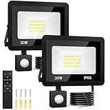 30W LED Strahler mit Bewegungsmelder Außen - 2 Stück Außenlampe mit Fernbedienung, 6500K Kaltweiß Superhell Innen Aussen Lampe, IP66 Wasserdicht Aussenlampe für Garten Garage Hof Wohnen Hinterhof