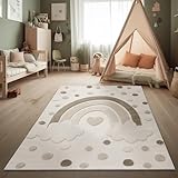 Paco Home Kinderteppich Moderner Spielteppich Kinderzimmer 3D-Effekt Naturtöne weicher Flor robust & pflegeleicht Schlingenstruktur Regenbogen-Motiv Creme Sand, Grösse:80x150 cm