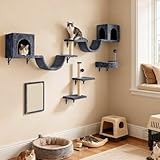 YITAHOME 8-teiliges Katzewand-Set, langlebige Plüsch-Kratzmöbel mit Kratzsäule, Katzenhaus, Katzenbrücke, Katzenleiter und Hängeball in Dunkelgrau