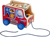 HABA 304317 - Ziehfigur Feuerwehrauto, Nachziehspielzeug für Kinder ab 12 Monaten, animiert zum Laufenlernen, mit Bausteinen zum Stecken