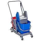 HOMCOM Putzwagen Reinigungswagen Wischwagen mit 2 Eimern Systemwagen mit 4 leichtgängigen Rollen Metall+PP Blau+Rot 73 × 45 × 92 cm