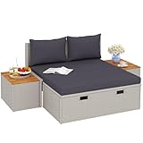 Outsunny Polyrattan Sonnenliege für 2 Personen Doppelliege mit Fußhocker Stauraum Schirmloch wetterfest Gartenliege 320kg Belastbar Gartenmöbel Liegestuhl Relaxliege für Garten 125x114x72,5 cm Grau