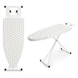 Trintion Bügelbrett 110 x 38 x 64-77 cm 6-Fach höhenverstellbar rutschfeste Gummifüße Baumwollbezug mit Bügeleisenablage Tischplatte Universalbügelbretter Bügelbrettablage (Weißes Quadratmuster)