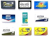 50 Rasierklingen für Rasierhobel, Astra-Derby-Shark-Permasharp, Rasierklingen Set, 9 verschiedene Klingentypen