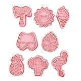 BESTYASH 8Stücke Teiliges Keksformen im Sommerstrand Thema Plastikkeksformen für Zuhause für Backen und Kreative Dekoration mit Flamingo und Palmenmotiven