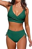 Beachsissi Damen Hoch taillierte Badeanzüge Criss Cross Drawstring Side Bikini Sets Lace Up 2 Stück Badeanzüge, Grün, L