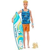 Barbie Ken Surfer Set - Bewegliche Blonde Ken-Puppe mit Surfbrett, Hündchen und Strand-Accessoires für belebende Strandabenteuer, für Kinder ab 3 Jahren, HPT50