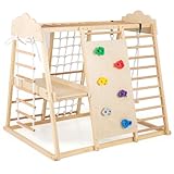DREAMADE 8-in-1 Klettergerüst Indoor, Kletterdreieck mit Rutsche, Schaukel, Kletterwand, Kletternetz, Strickleiter, Kletterleiter & Affenstangen, Kletterspielzeug Holz für Kinder ab 3 Jahren (Natur)